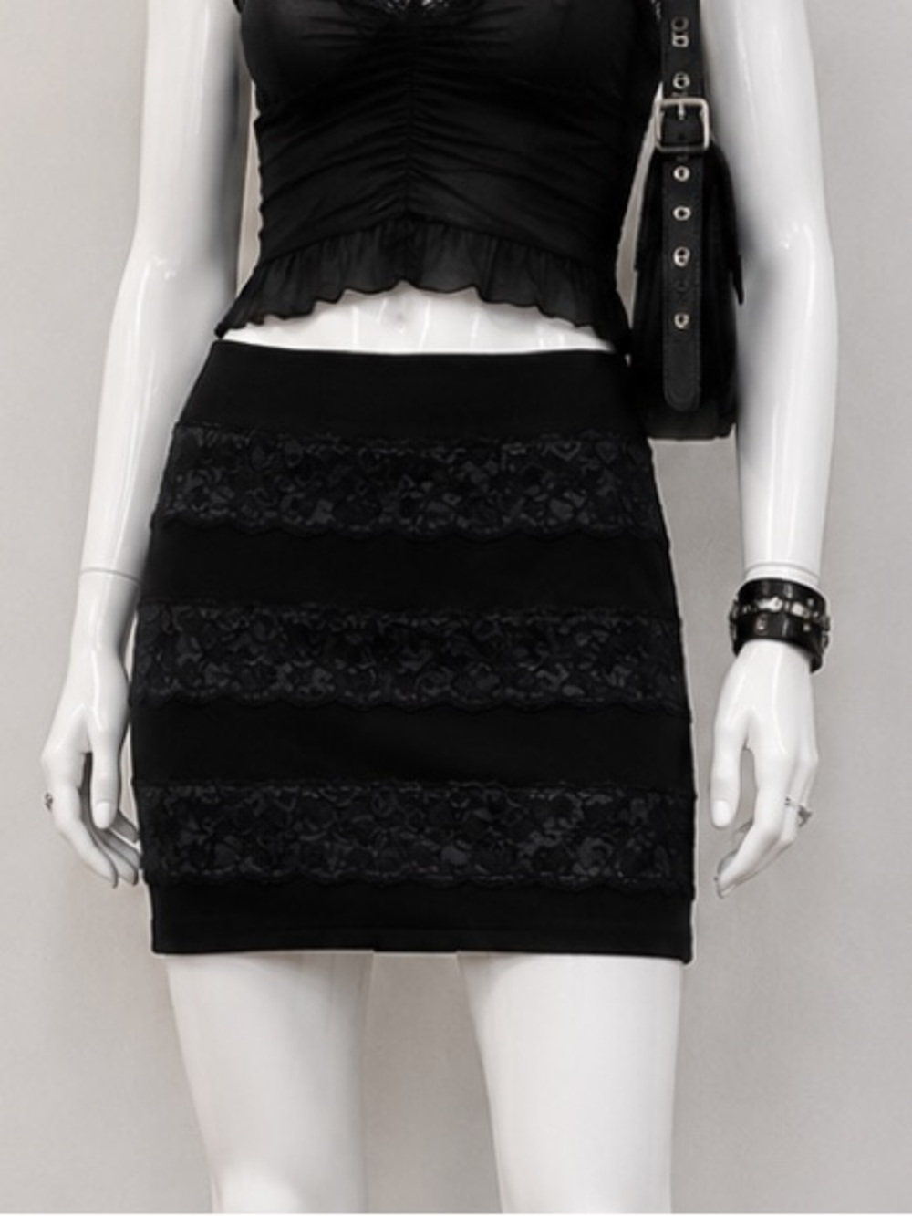 Reitmans 1990s Black Goth Mini Skirt with Lace Accents
